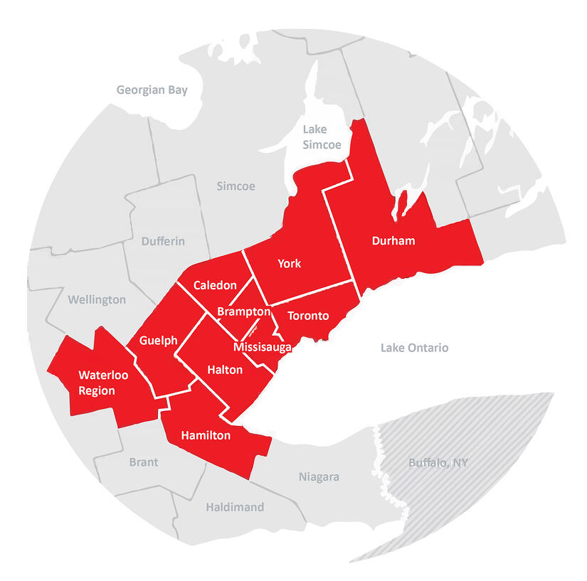 Map of Southwestern Ontario tech corridor. Area in the text corridor filled in red.
