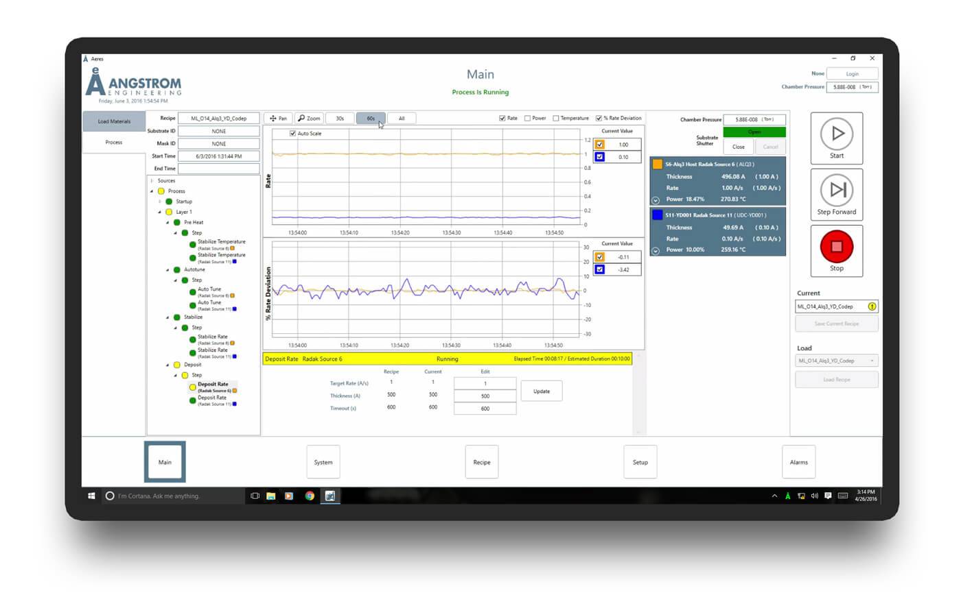 Screenshot of Aeres, a software platform that supports Angstrom Engineering's Physical vapor deposition systems