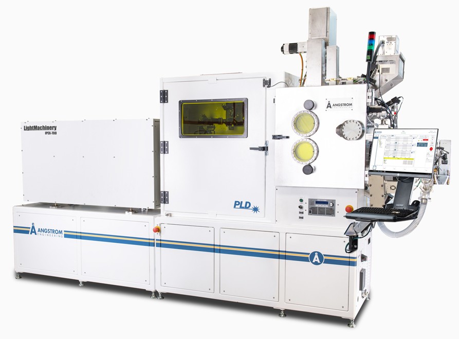 A image of the Angstrom Engineering PLD system. A large machine with two chambers, against a white background. 