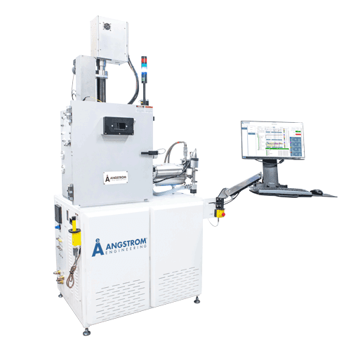 alt = Amod Physical Vapor Deposition (PVD) system by Angstrom Engineering, a white compact coating machine with its metal front chamber closed, a control monitor showing Aeres software, various technical parts inside the chamber, and the Angstrom Engineering logo on the front panel.