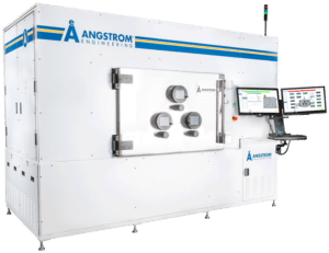 alt = Angstrom Engineering Box Coater system, a flexible and cleanroom-compatible tool for PVD platforms. The system is adaptable for various sources and processes, offering features to correct film thickness, non-uniformity, throughput, and material yield.