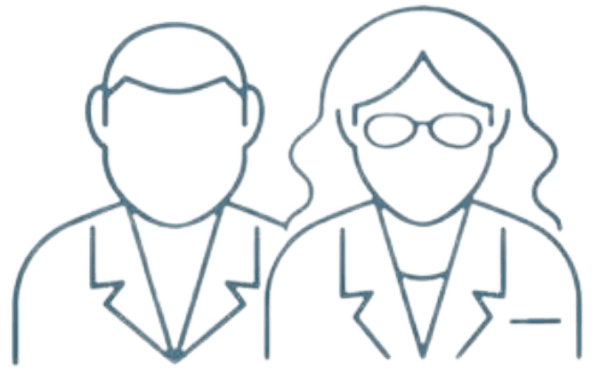 alt = A simple blue line outline of two individuals, a man and a woman, both wearing business clothing. The woman is depicted with glasses and long hair. This image symbolises customer relationships and professional collaboration with Angstrom Engineering.