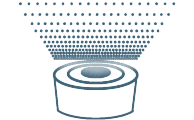 alt = Icon depicting sputter coating in thin film deposition, with particles directed toward a target surface.